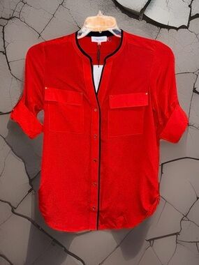 NWT Calvin Klein Red Top with Black Neckline with Roll Tab Details-S